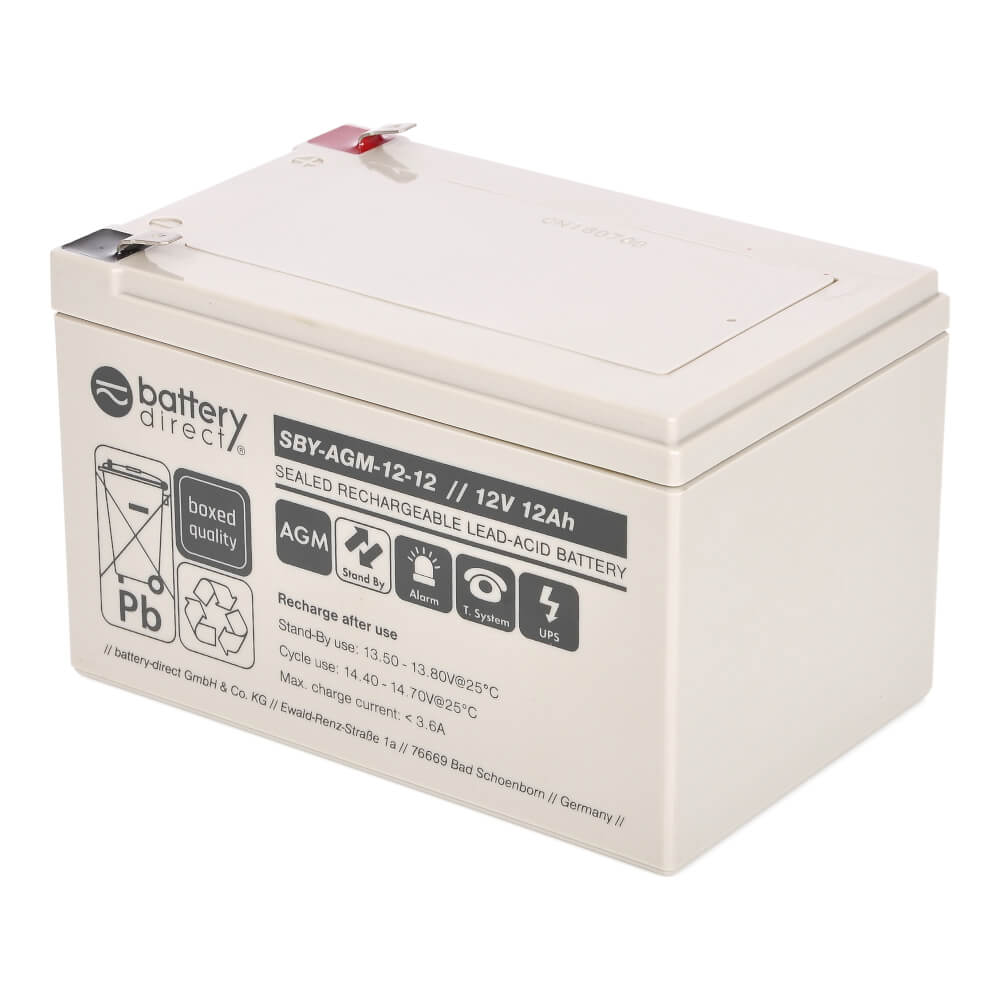 12V 12Ah battery, Sealed Lead Acid battery (AGM), battery-direct  SBY-AGM-12-12, 151x98x95 mm (LxWxH), Terminal T2 Faston 250 (6,3 mm)